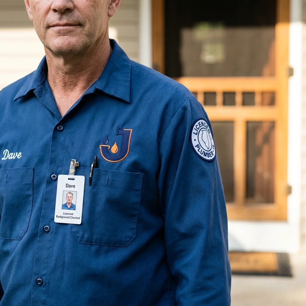 Licensed plumber showing ID badge in Roland, IA