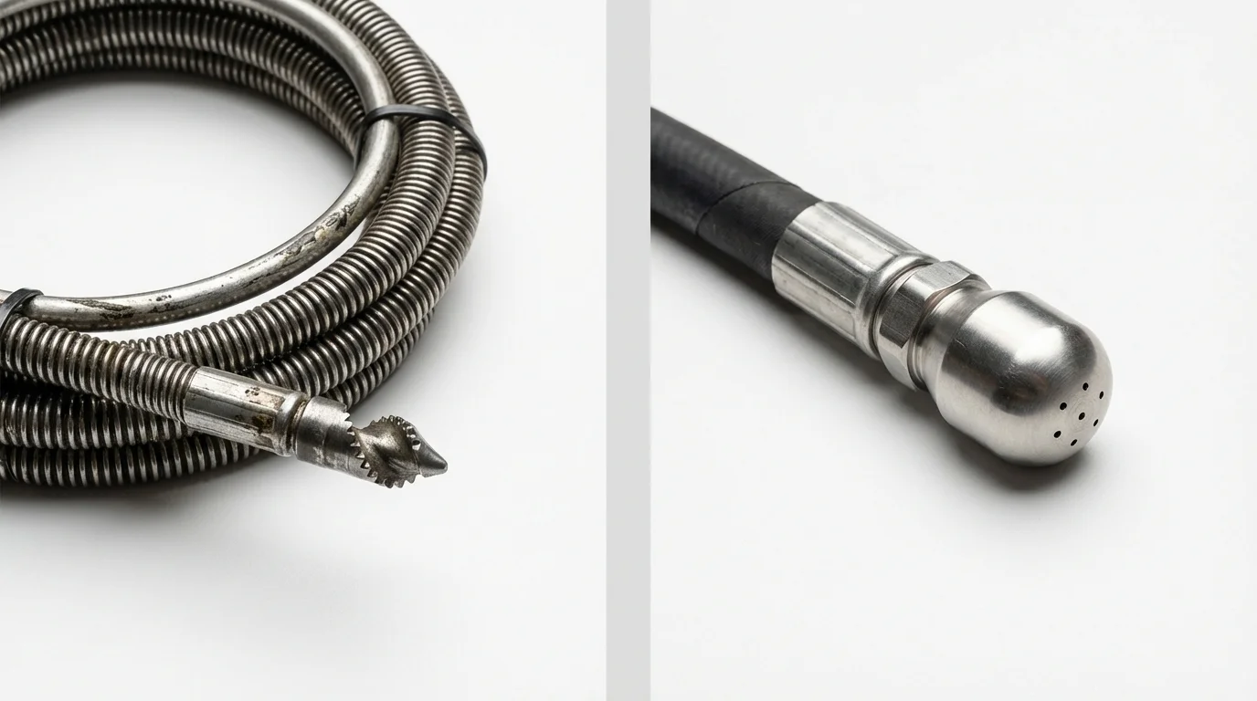 Drain snake cable and hydro jetting nozzle used for drain cleaning in Roland, IA