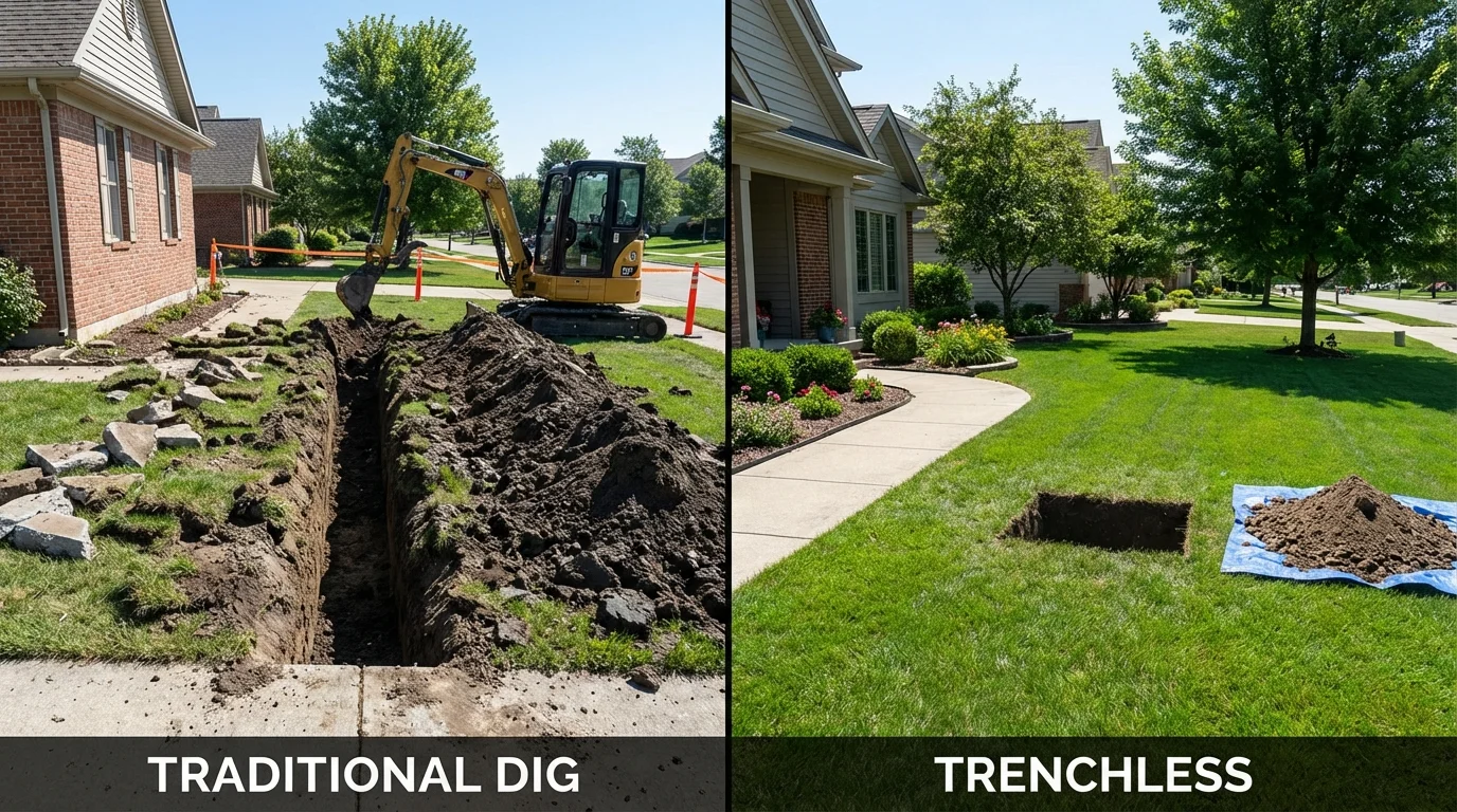 Trenchless sewer repair with minimal yard damage versus traditional excavation in Roland, IA