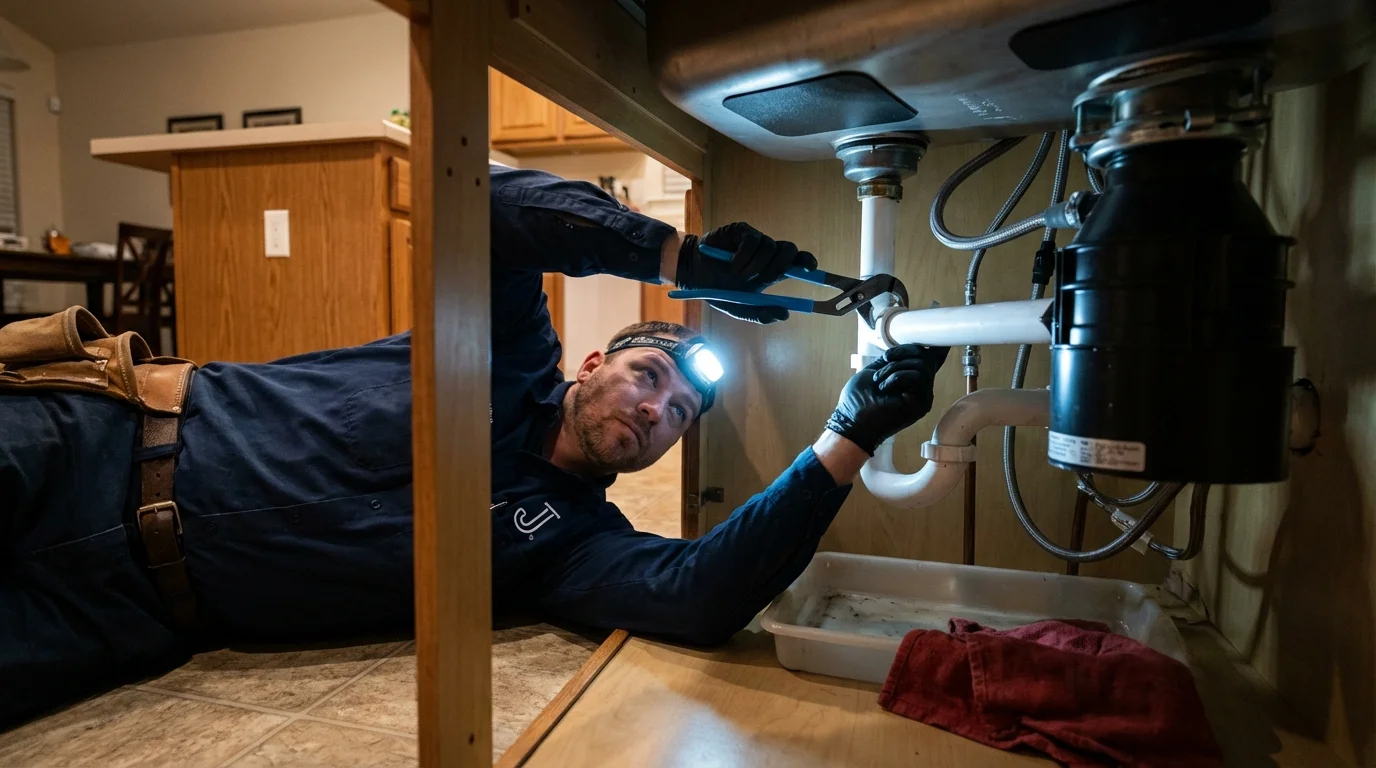 P-trap and supply line connections under a kitchen sink showing a common leak point in Roland, IA